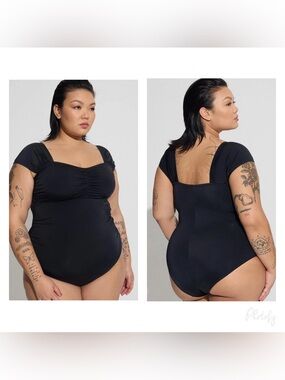 Torrid Wireless Ruched Cap Sleeve One Piece Swimsuit in Black Sz 4 4X 26
